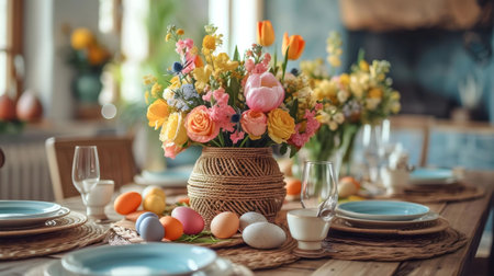 A beautiful Easter table setting with a vibrant floral centerpiece and colorful eggs. Perfect for a spring celebration.の写真素材