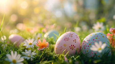 Colorful Easter eggs nestled among blooming daisies in a sunny spring meadow.
