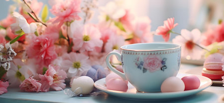 A pastel-colored springtime tea party scene. Pink flowers, a teacup and sweet treats create a...