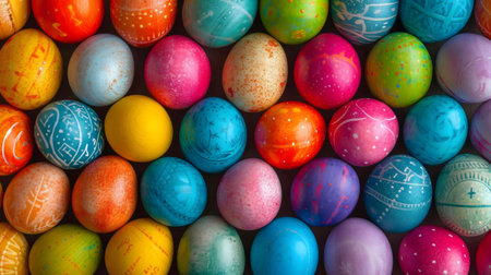 Close-up view of many colorful Easter eggs, decorated with various patterns. A vibrant and festive...
