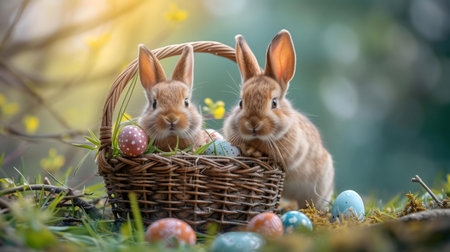 Two fluffy bunnies nestled in a wicker basket filled with decorated Easter eggs. A springtime scene...