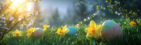 Easter eggs nestled amongst daffodils in a sunlit meadow. A picturesque spring scene.の写真素材