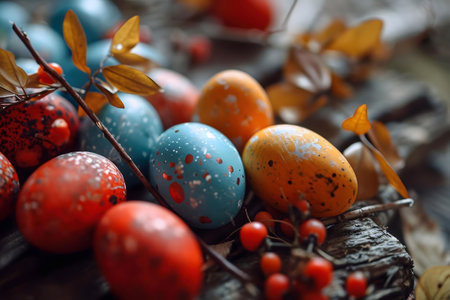 Close-up of colorful speckled Easter eggs among autumn leaves and berries.
