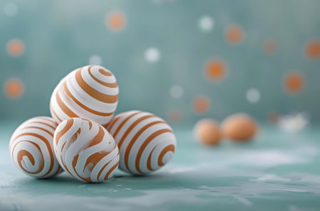 Close-up of beautifully painted Easter eggs, showcasing intricately designed designs and pastel colors. A festive image perfect for spring celebrations.の写真素材