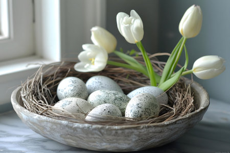 A rustic bowl holds speckled eggs and white tulips, creating a serene springtime scene.