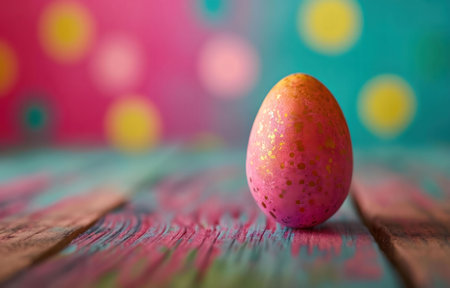 Close-up of a pink Easter egg with golden speckles, sitting on a vibrant, painted wooden surface.