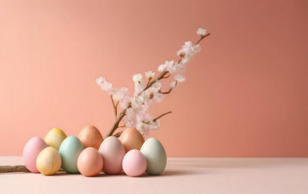 Pastel colored Easter eggs arranged with delicate spring blossoms against a soft peach background. A serene and joyful spring scene.の写真素材