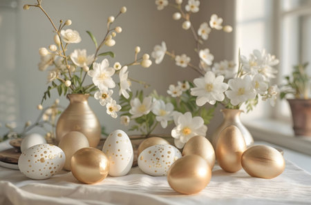 A lovely Easter scene featuring gold and white eggs displayed with delicate white flowers in gold vases.の写真素材