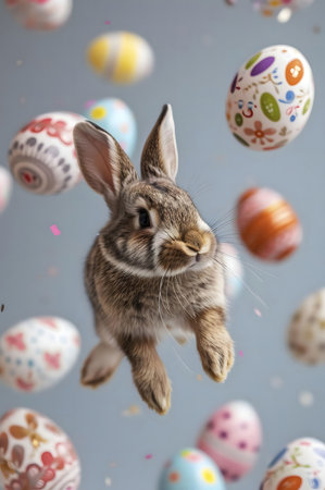 A cute bunny rabbit joyfully leaps through the air amidst a shower of colorful Easter eggs.の写真素材