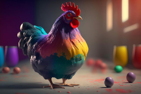 A digitally rendered rooster, painted in vibrant rainbow colors, stands amidst scattered colorful eggs. The scene is playful and artistic.の写真素材