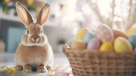 An adorable bunny sits near a basket filled with colorful Easter eggs. A perfect springtime image