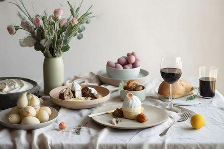 A beautifully arranged Easter brunch table featuring pastel-colored dishes, delicate desserts, and a...