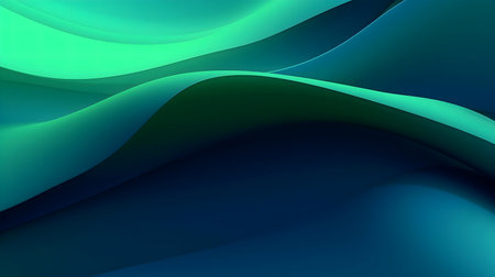 Serene digital artwork featuring abstract swirling teal and green waves. Perfect for backgrounds.の写真素材