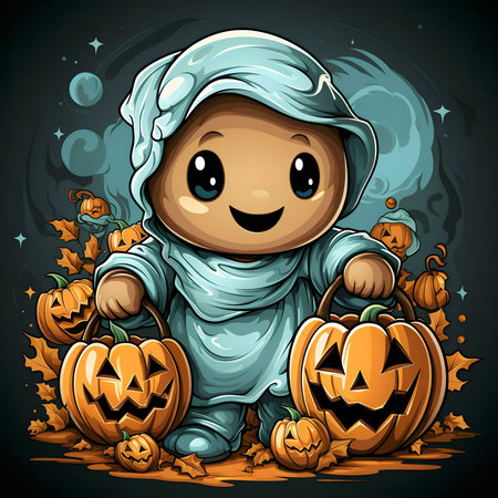 A cute little ghost child in a Halloween costume, carrying pumpkins. It is surrounded by autumn leavesの写真素材