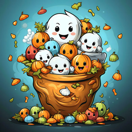 Cute ghosts and pumpkins in a pot for Halloween.の写真素材