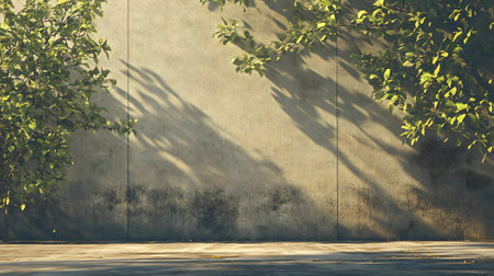 A serene image of a sunlit concrete wall with vibrant green plants and shadows.の写真素材