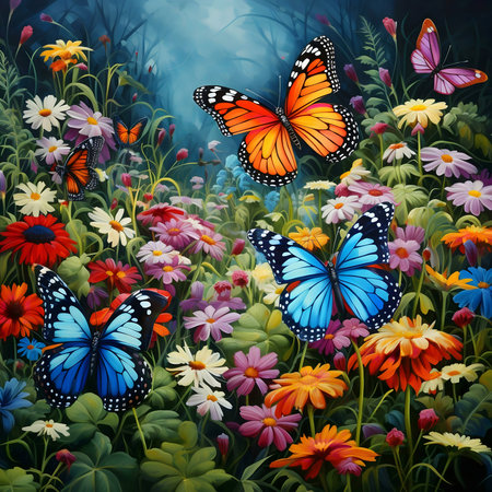 A vivid painting showcasing butterflies amidst a field of colorful flowers.の写真素材