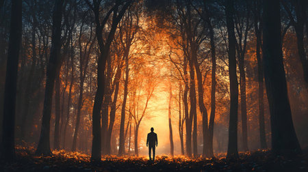 A lone figure walks towards a warm sunset in an autumn forest. Peaceful and mysterious.
