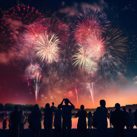 Silhouetted figures marvel at a vibrant fireworks display over a tranquil lake at night.