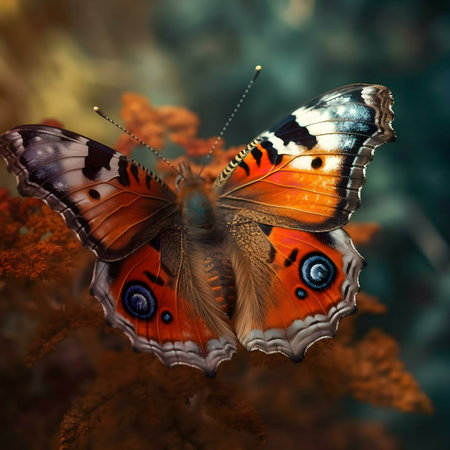Close-up of a vibrant peacock butterfly perched on autumn leaves.の写真素材