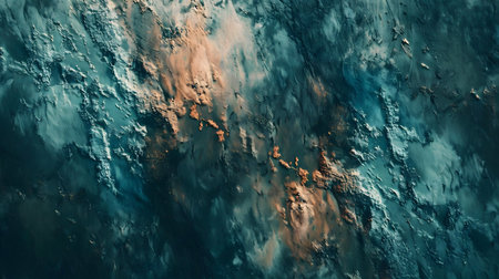 Abstract art featuring teal and copper tones, resembling a deep ocean or cosmic landscape.
