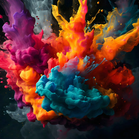 A breathtaking explosion of vibrant ink colors. A mesmerizing display of dynamic forms and textures.の写真素材