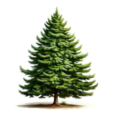 A digitally painted image of a lush evergreen tree, isolated on a white background. It is detailed and realistic.の写真素材