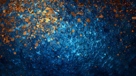 Blue and gold abstract painting with splatter texture