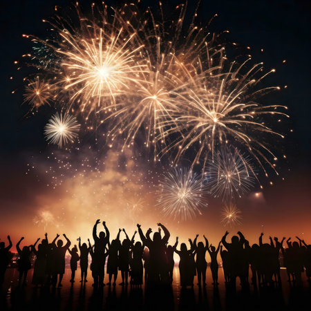 Silhouetted figures joyfully watch a vibrant firework display at night.の写真素材
