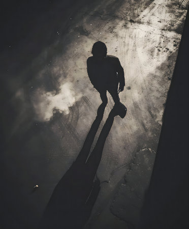 A lone figure's silhouette and elongated shadow are reflected on a dark, textured urban surface.の写真素材