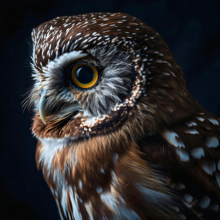 Close-up portrait of a Northern Saw-whet Owl. Intricate detail and captivating gaze.の写真素材