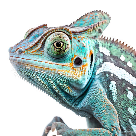 Stunning close-up of a chameleon showcasing its vibrant colors and intricate details.の写真素材