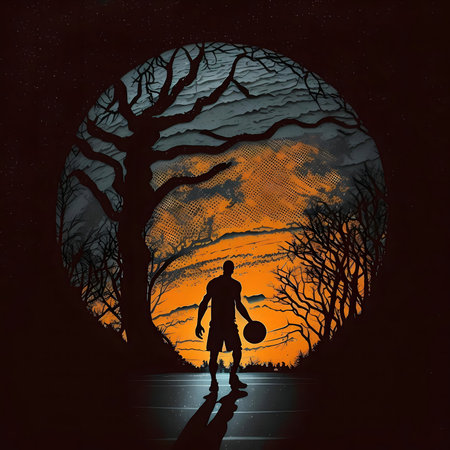 A basketball player stands in silhouette, under a large gnarled tree against an orange moon.の写真素材