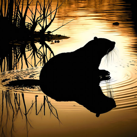 A beaver silhouette at sunset reflected in calm water.