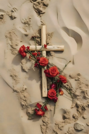 A wooden cross adorned with vibrant red roses rests on a sandy beach. A scene of solemn beauty.の写真素材