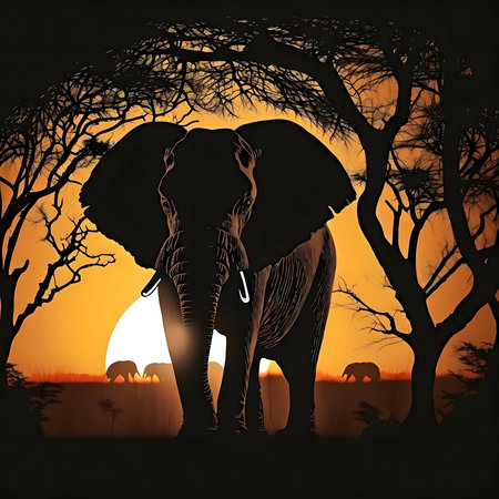 A majestic elephant silhouette at sunset in the African savanna.の写真素材