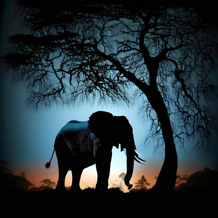 Majestic elephant silhouette under a large tree at sunset in Africa.の写真素材