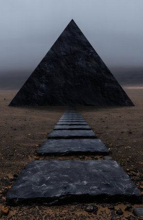 A dark pyramid stands alone in a misty desert. A stone path leads towards it.