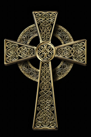 A detailed image of a Celtic cross with intricately golden knotwork design against a black background.の写真素材