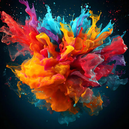 A breathtaking image of vibrant colors exploding in a mesmerizing dance. The colors blend and swirl,...