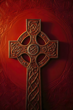 A detailed image of a Celtic cross, showing intricately its knotwork against a rich red background.の写真素材