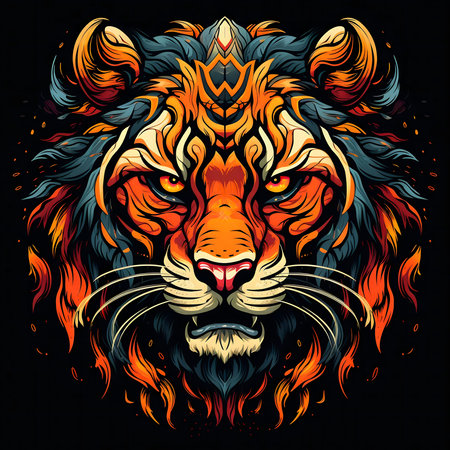 Intricate artwork of a tiger's head, showing its fierce nature and vibrant colors.の写真素材