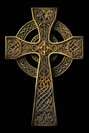 A detailed image of an ornate Celtic cross, showing intricate knotwork and golden hues against a dark background.の写真素材