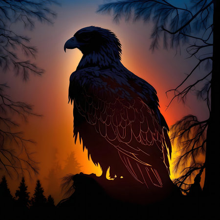 A majestic eagle silhouette at sunset, perched on a branch, surrounded by the deep forest.