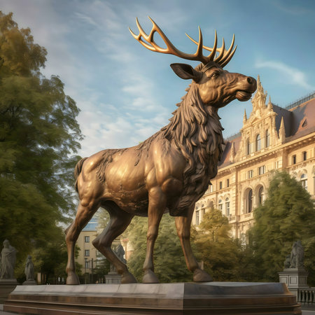 A majestic bronze elk statue stands proudly in a city park, near a grand building. The sunlight enhances the statue's details.の写真素材