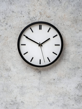 A simple, modern clock on a concrete wall.