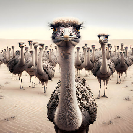 A single ostrich stands out from a large group in the desert. A powerful image of individuality.の写真素材