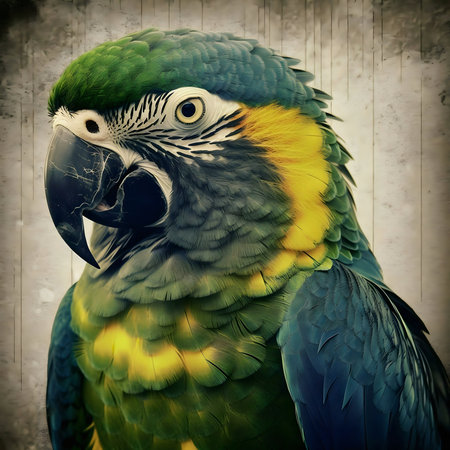 Close-up portrait of a stunning blue-and-yellow macaw. Vivid colors and detailed feathers.