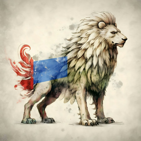 A majestic lion depicted in watercolor style, incorporating elements of a flag for a patriotic...