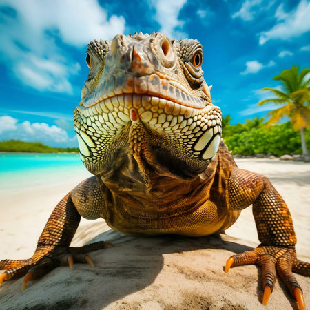 Close-up of an iguana on a beautiful tropical beach. Vivid colors and sunny weather.
